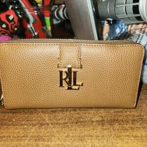 LAUREN RALPH LAUREN Pebbled Leather Zip Around  Wallet Chestnut Clean